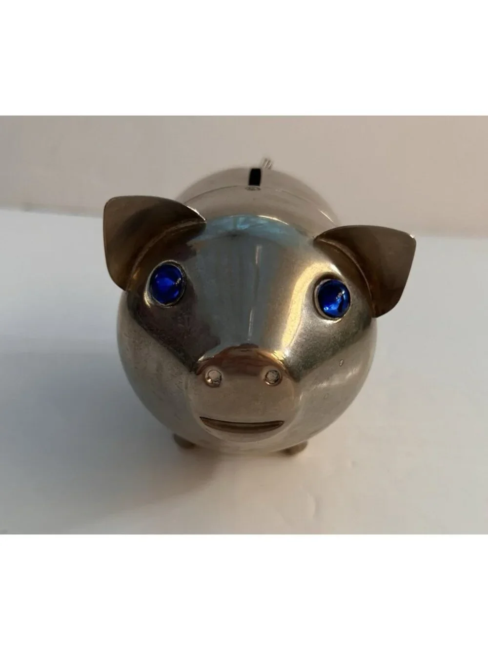 Vintage Silverplated Metal Piggy Bank w/ Blue Rhinestone Crystal Eyes Hong Kong